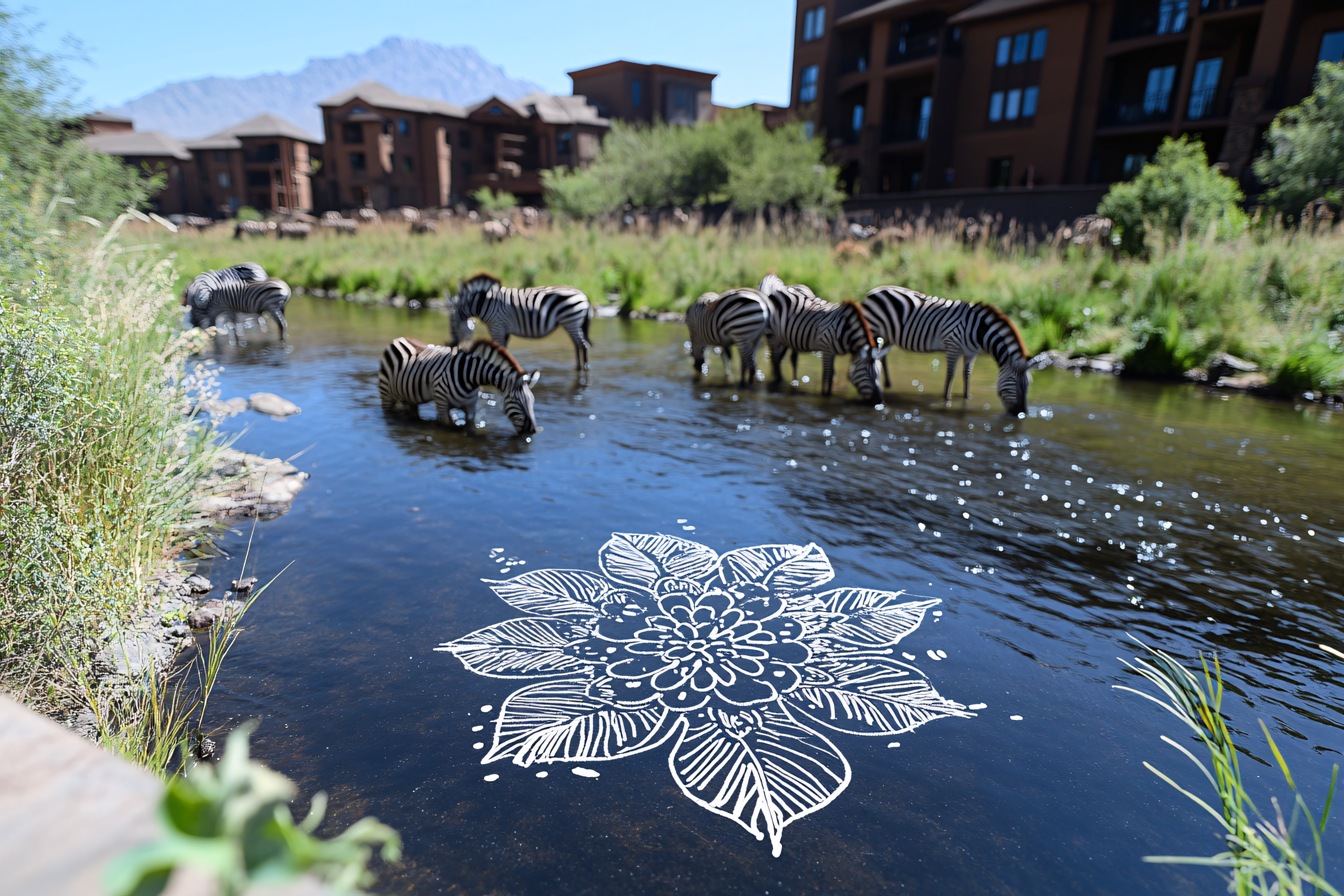 Zebras Drinking Water with Floral Design