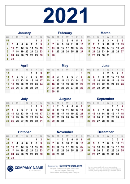 Free Download 2021 Calendar with Week Numbers