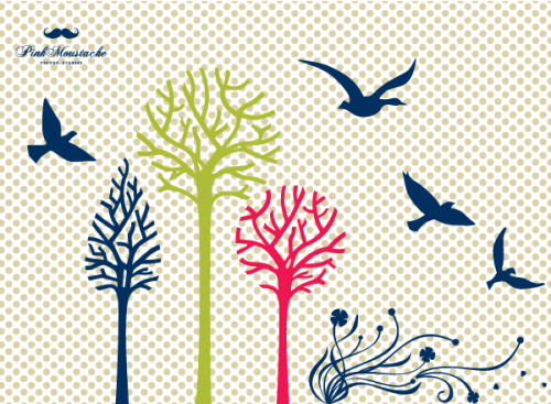 Free Vector Set: Trees, Flowers and Birds Silhouettes