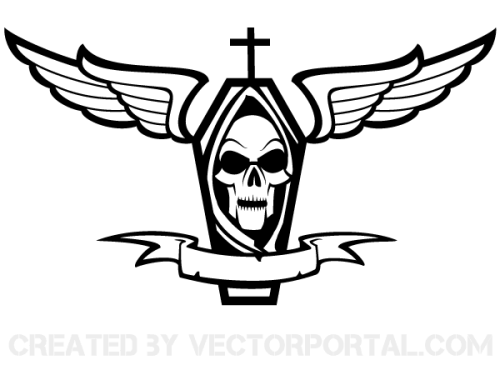 Vector Coffin with Cross, Skull, Wings and Ribbon