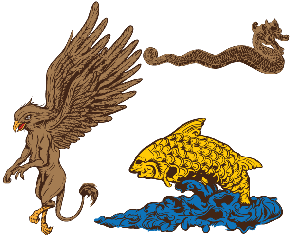 Griffin, Dragon and Goldfish Free Vector