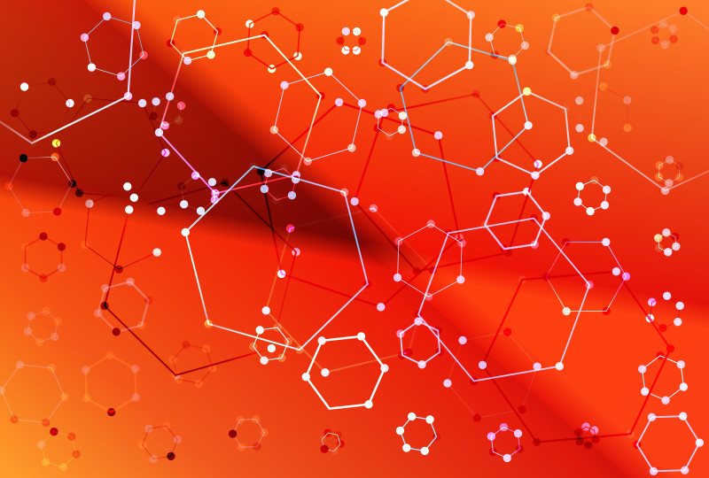 Red and Orange Hexagon Background with Connected Lines and Dots Graphic