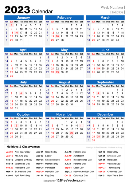 2023 Holiday Calendar with Week Numbers