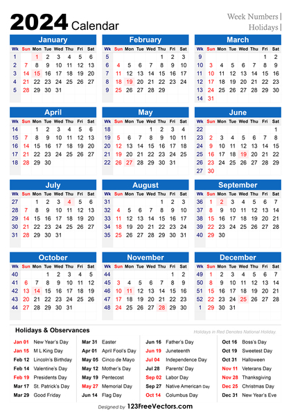 2024 Holiday Calendar with Week Numbers