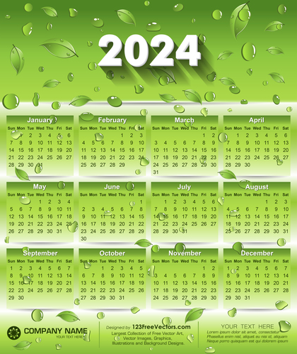2024 Eco Green Calendar Design with Leaves and Water Drops