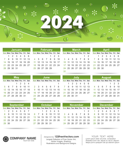 Free Printable Calendar 2024 with Green Leaves