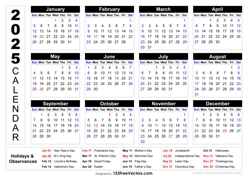 2025 Printable Calendar with Holidays