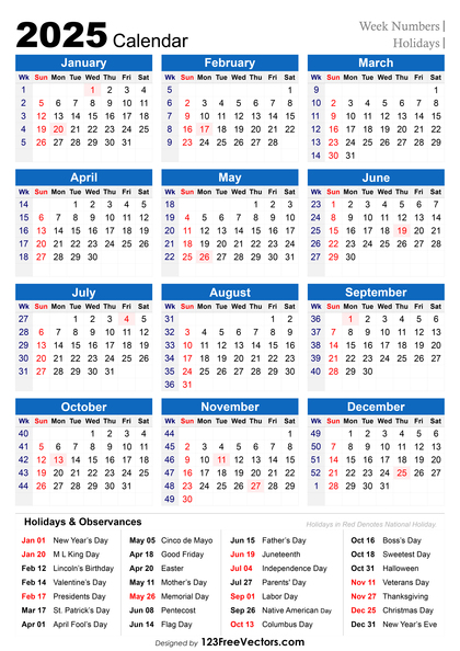 2025 Holiday Calendar with Week Numbers