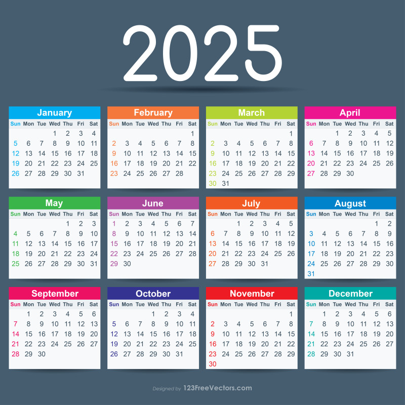 Free Download 55 Colorful 2025 Calendar Designs in Vector & Pdf