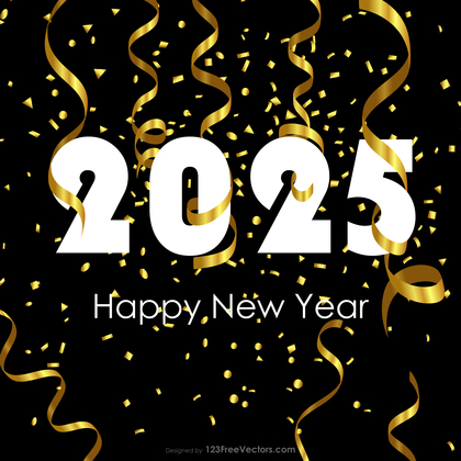 Happy New Year 2025 Gold Streamer and Confetti Background