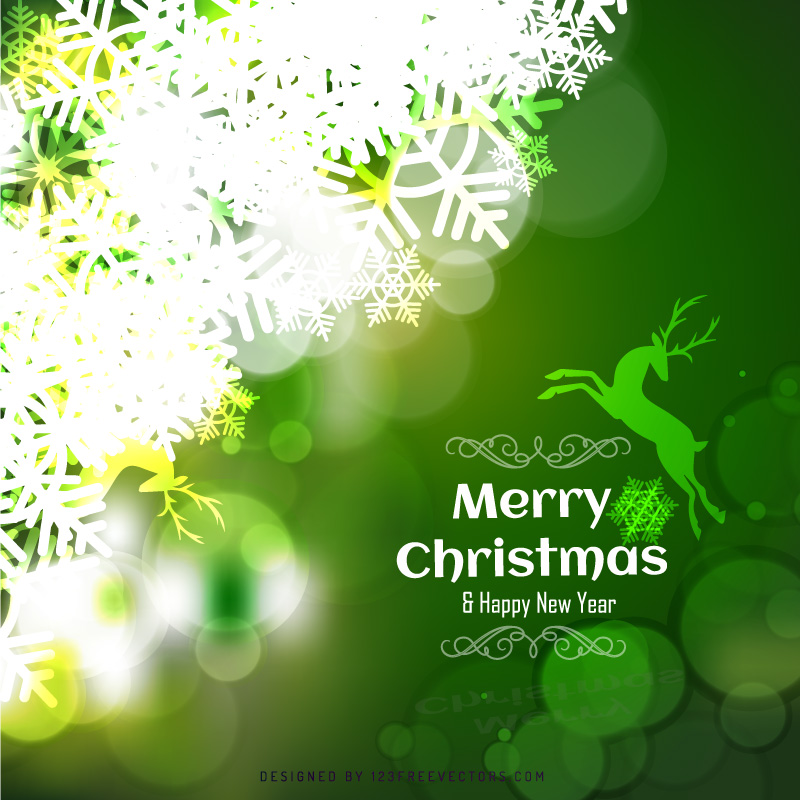 Merry Christmas Green Background with Snowflakes and Reindeer