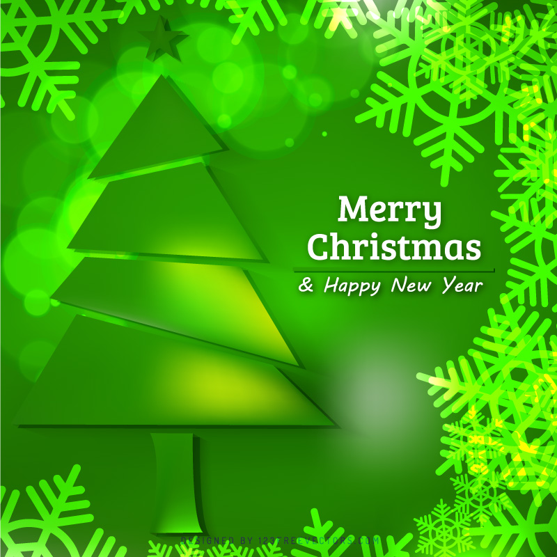 Green Christmas Tree and Snowflakes Background