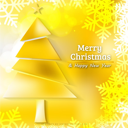 Yellow Christmas Background with Tree and Snowflakes