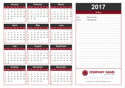 2017 Calendar Template with Notes