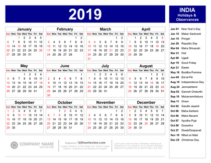2019 Calendar with Indian Holidays Pdf