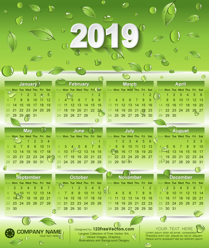 2019 Eco Green Calendar Design with Leaves and Water Drops