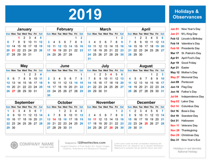 Free Printable 2019 Calendar with Holidays