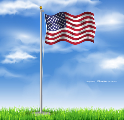 Flying American Flag on Cloudy Blue Sky Background