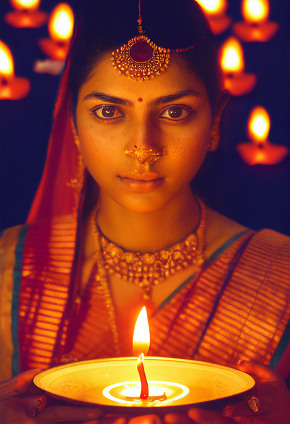 Beautiful Indian Girl Hands Holding Diya Lights