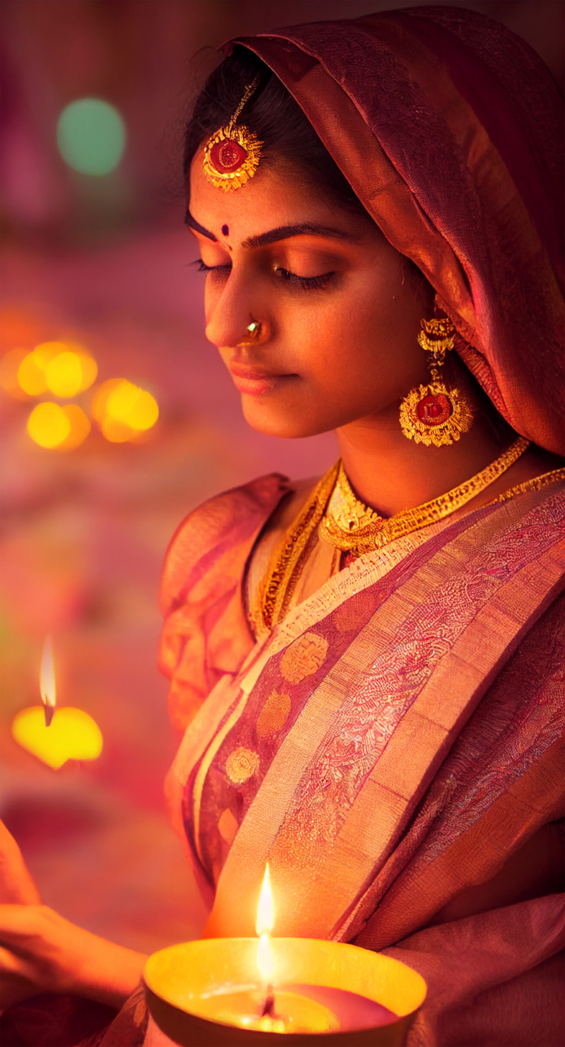 Indian Girl Holding Diya On Diwali Background