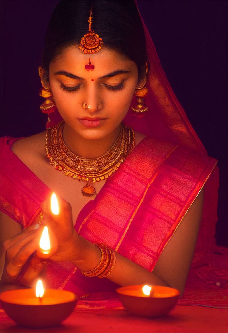 Beautiful Indian Girl Holding Diya on Diwali Festival