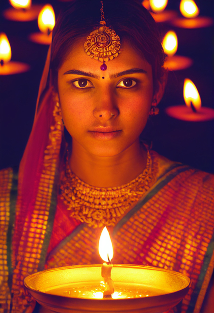 Traditional Indian Girl with Diya on Diwali Festival