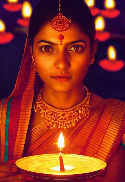 Beautiful Indian Girl Hands Holding Diya Lights Image