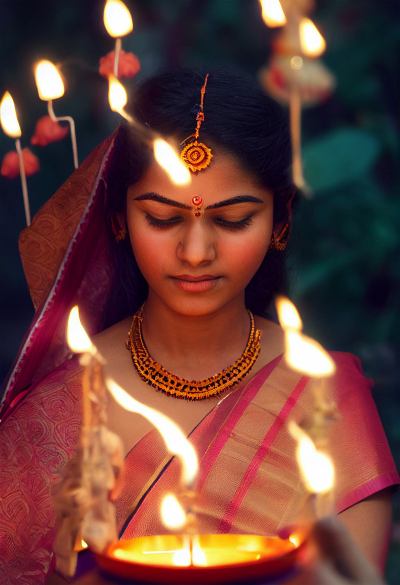 Beautiful Indian Girl with Diya on Diwali Festival Image