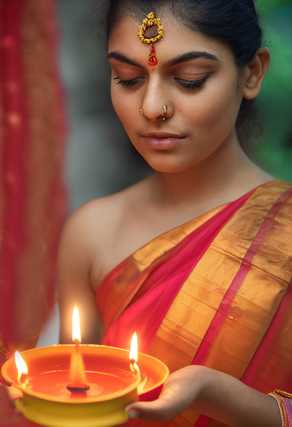 Traditional Indian Girl Holding a Diya on Diwali Festival Image