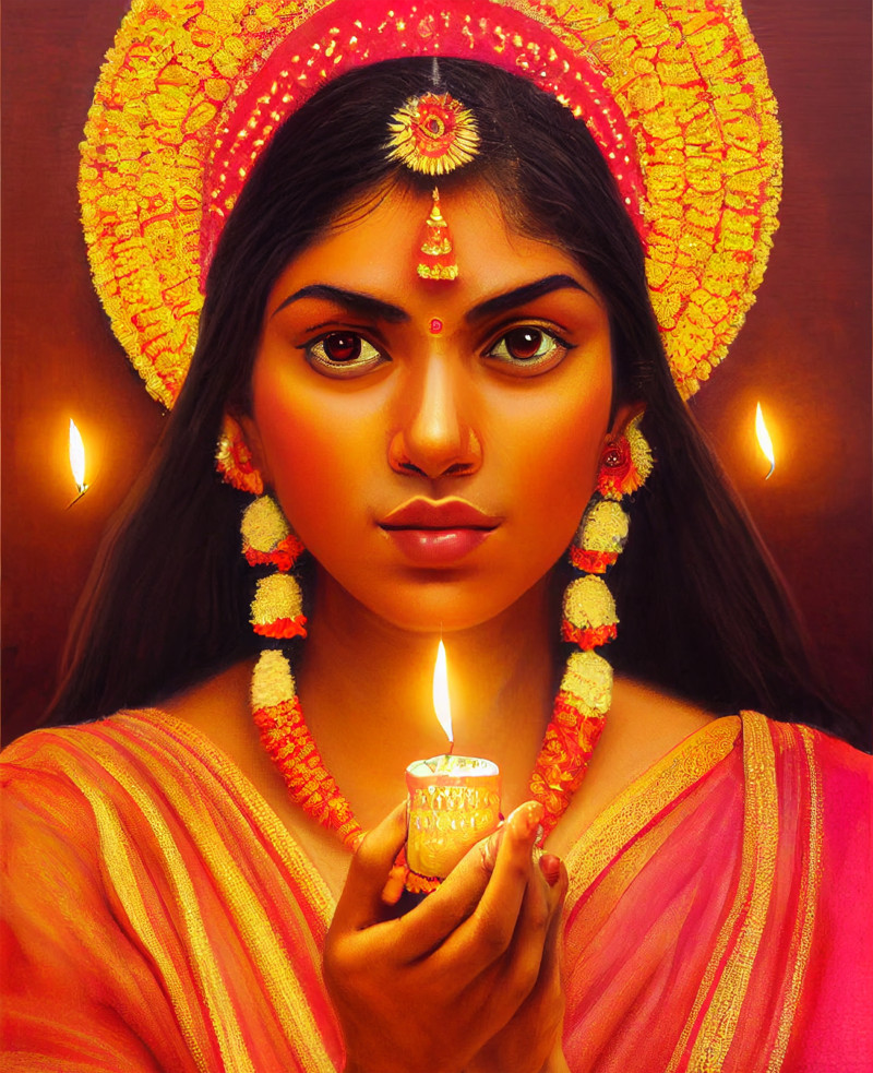 Indian Girl Holding Diya On Diwali Background Image