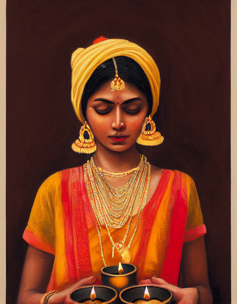 Beautiful Indian Girl Holding Diya on Diwali Festival Design