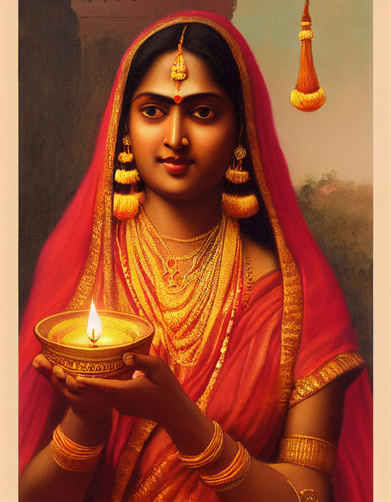 Traditional Indian Girl Holding a Diya on Diwali Festival Design