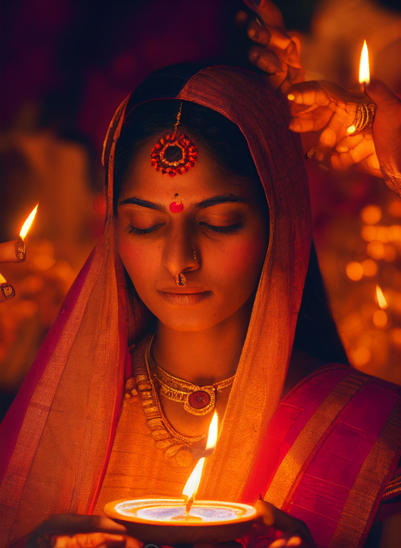 Indian Girl Holding Diya On Diwali Background Design