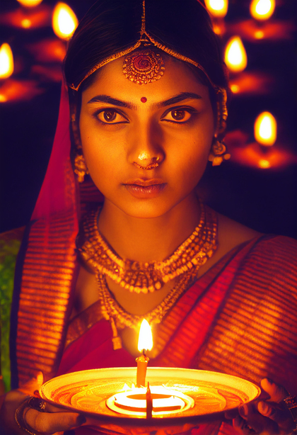 Beautiful Indian Girl Holding Diya on Diwali Festival Image