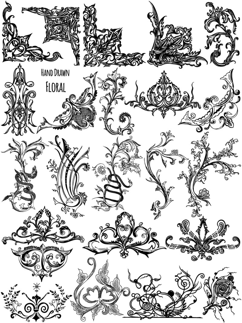 Hand Drawn Floral Ornaments Vector Brushes Pack-03