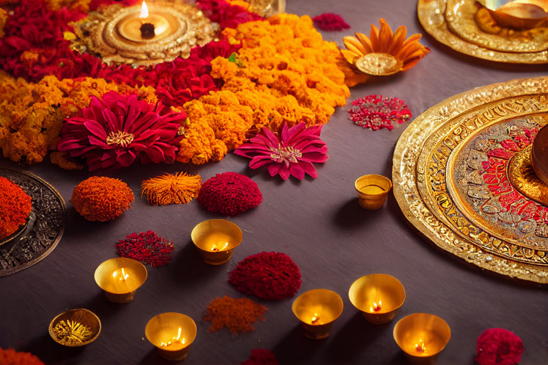 Diya Background with Flowers Image