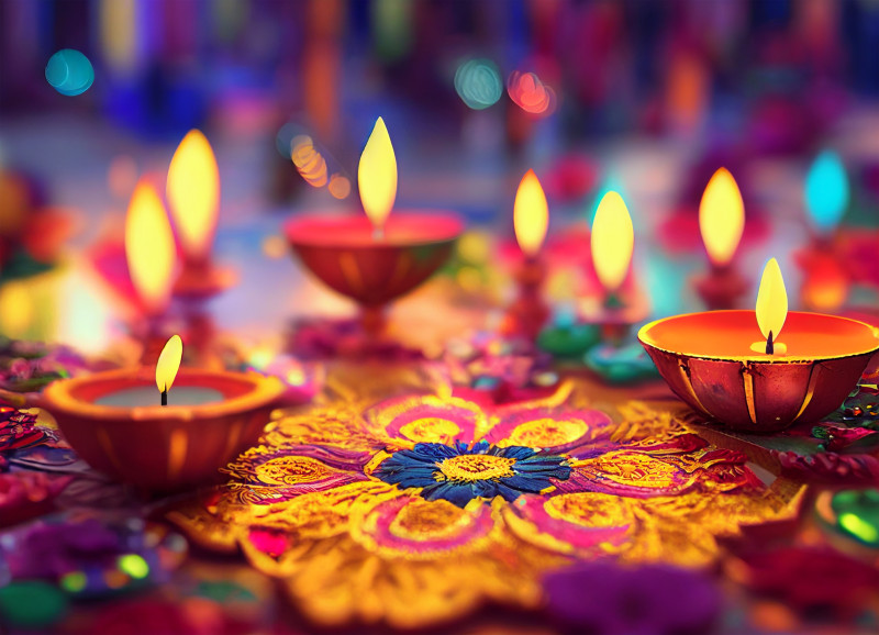 Happy Diwali Background with Diya and Rangoli Design Image