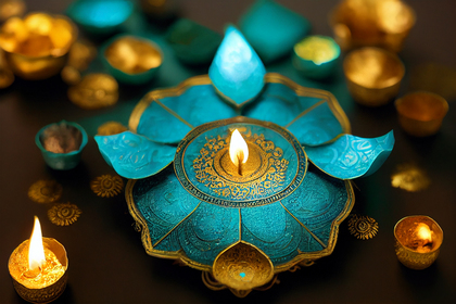 Happy Diwali Greeting Card with Gold Diya on Blue Background Design