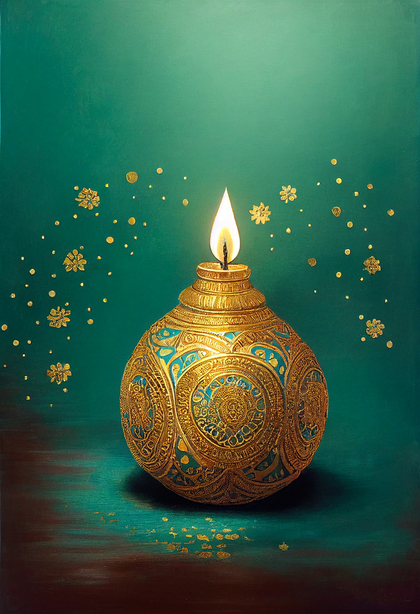 Happy Diwali Festival Card with Gold Diya on Green Background
