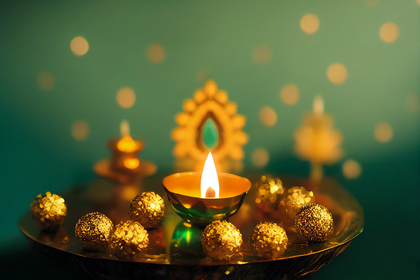 Happy Diwali Greeting Card with Gold Diya on Green Background Image