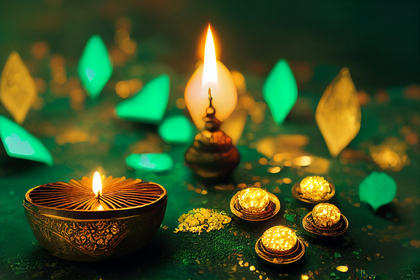 Green Diwali Background with Golden Diya Lamp Image