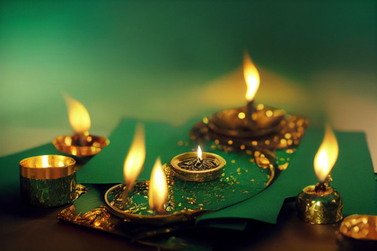 Happy Diwali Gold Diya on Green Background
