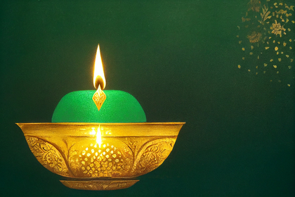 Happy Diwali Greeting Card with Gold Diya on Green Background