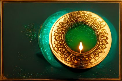 Happy Diwali Gold Diya on Green Background Image