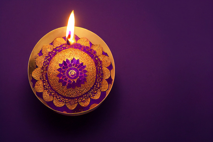 Happy Diwali Festival Card with Gold Diya on Purple Background