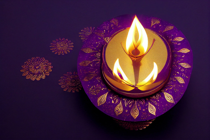 Purple Diwali Greeting Card with Golden Diya Lamp