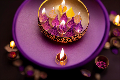 Happy Diwali Gold Diya on Purple Background Image