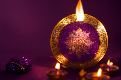 Purple Diwali Greeting Card with Golden Diya Lamp Design