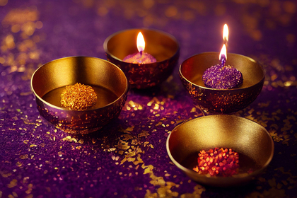 Happy Diwali Greeting Card with Gold Diya on Purple Background