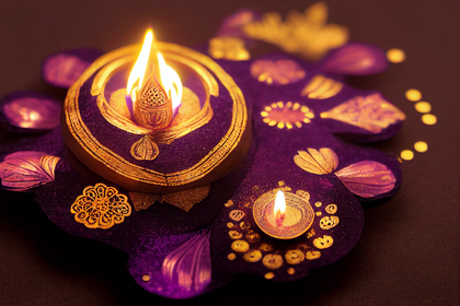 Purple Diwali Greeting Card with Golden Diya Lamp